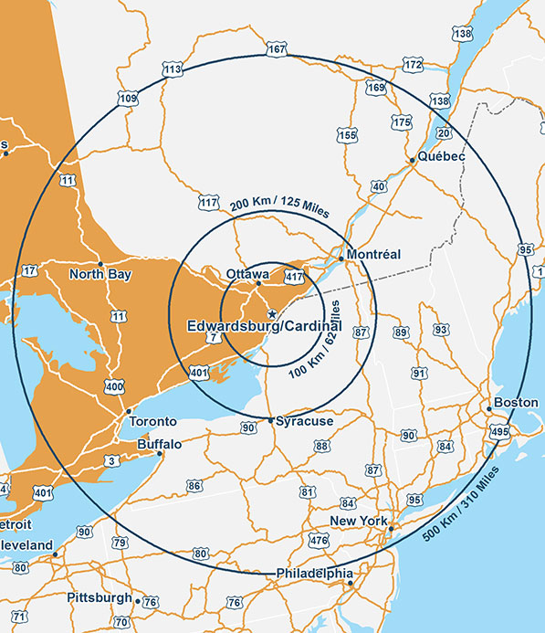 Map showing Edwardsburgh Cardinal, Ontario at the centre surrounded by three circles representing a radius of 100 km/62 miles, a radius of 200 km/125 miles and a radius of 500 km/310 miles, indicating the following: - Ottawa is within 100 km/62 miles from Edwardsburgh Cardinal. - Montreal and Syracuse are within 200 km/125 miles from Edwardsburgh Cardinal. - North Bay, Quebec City, Boston, New York, Toronto, and Buffalo are within 500 km/310 miles from Edwardsburgh Cardinal.