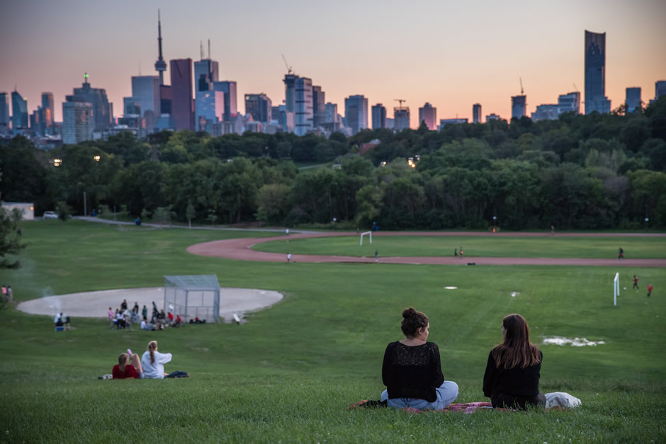 Toronto skyline at Riverdale Park in summer