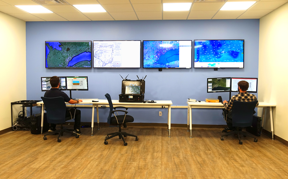 Remote piloting workstations in the state-of-the-art flight control room in Toronto