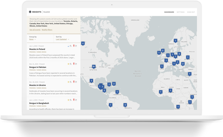 Desktop view of BlueDot’s Insights dashboard, pinpointing active disease outbreaks on a world map