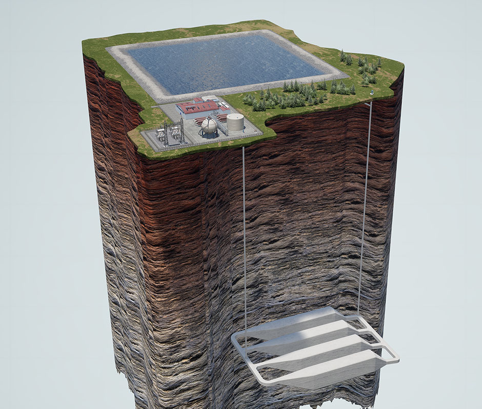 A 3D graphic of Hydrostor's A-CAES energy storage solution