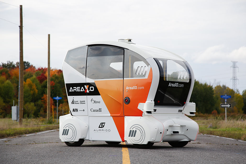A small autonomous pod car being tested at Area X.O in Ottawa, Ontario