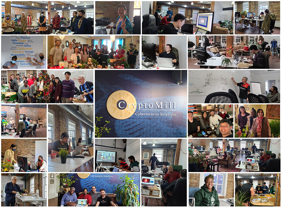 Collage de photos du personnel de CryptoMill autour du logo CryptoMill