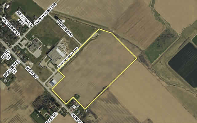 Aerial photograph showing the Industrial Vacant Land for Sale on Industrial Road - Glencoe Business and Industrial Park, Southwest Middlesex, Ontario, Canada. The land is located southeast of Main Street and Tower Ave.