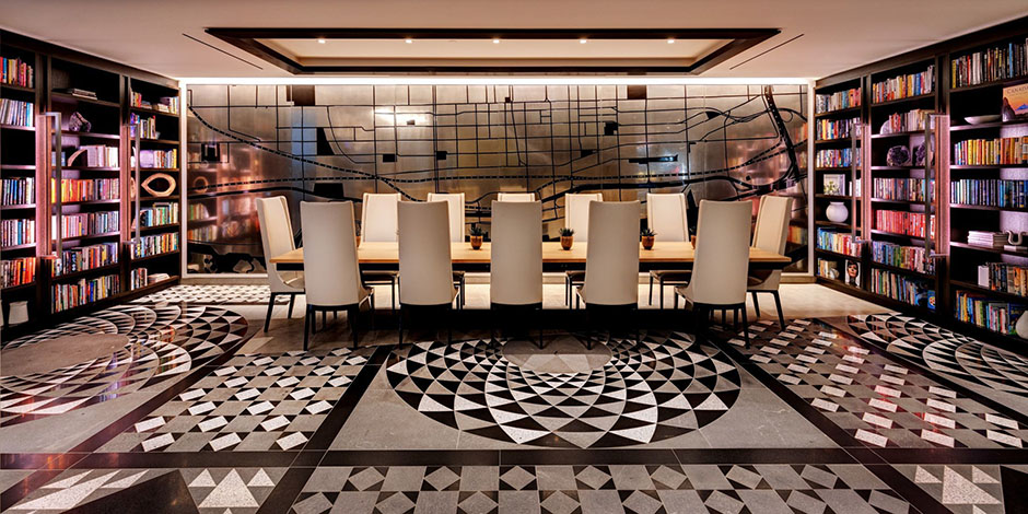 The lobby’s floor, made with tiles sourced from Asia, Africa and North America, reflects Toronto’s cultural mosaic.