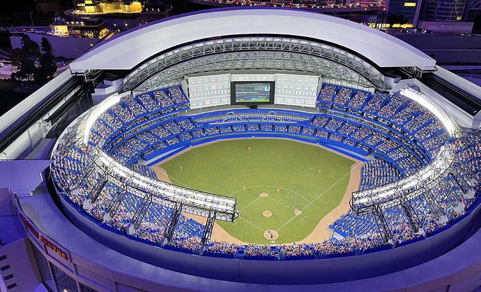 The miniature Rogers Centre in Little Canada has a mechanical roof that opens and closes just like the real thing