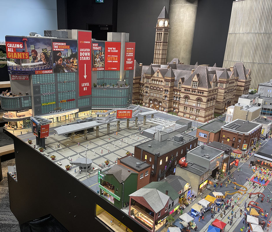 A miniaturized view of Little Canada from the attraction’s representation of Toronto’s Yonge and Dundas Square.