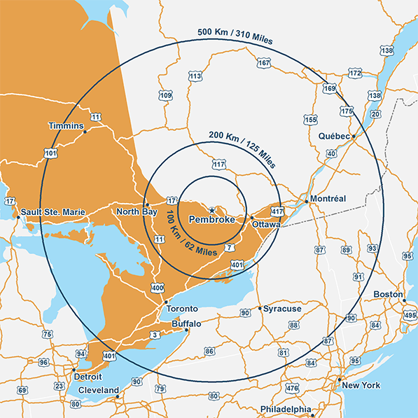 Map showing Pembroke, Ontario at the centre surrounded by three circles representing a radius of 100 km/62 miles, a radius of 200 km/124 miles and a radius of 500 km/311 miles