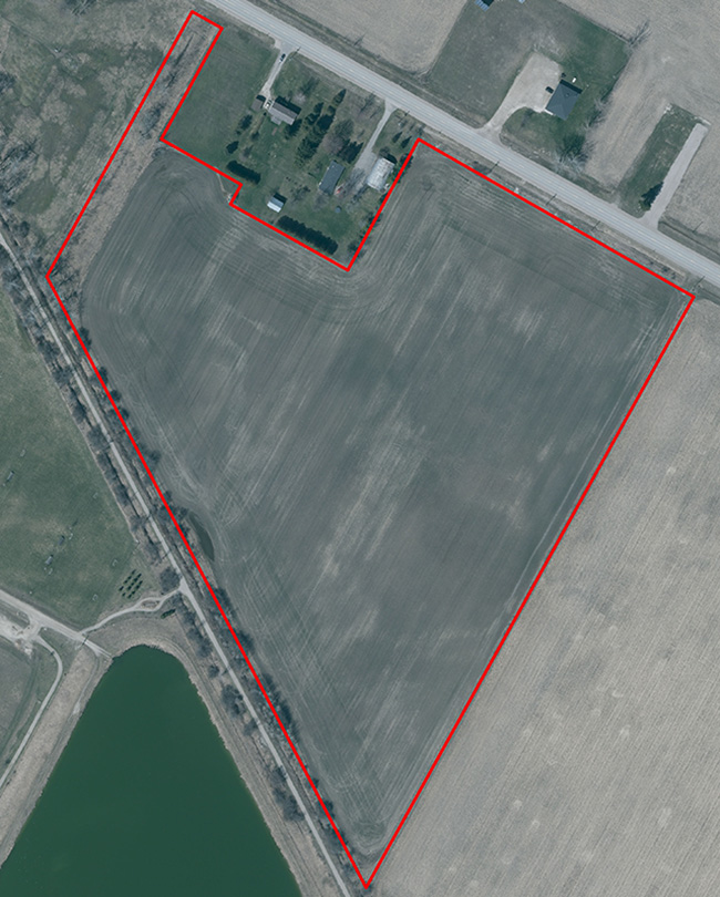 Photographie aérienne montrant le terrain industriel vacant à vendre au Parc Industriel Ripley, Ripley (Ontario)