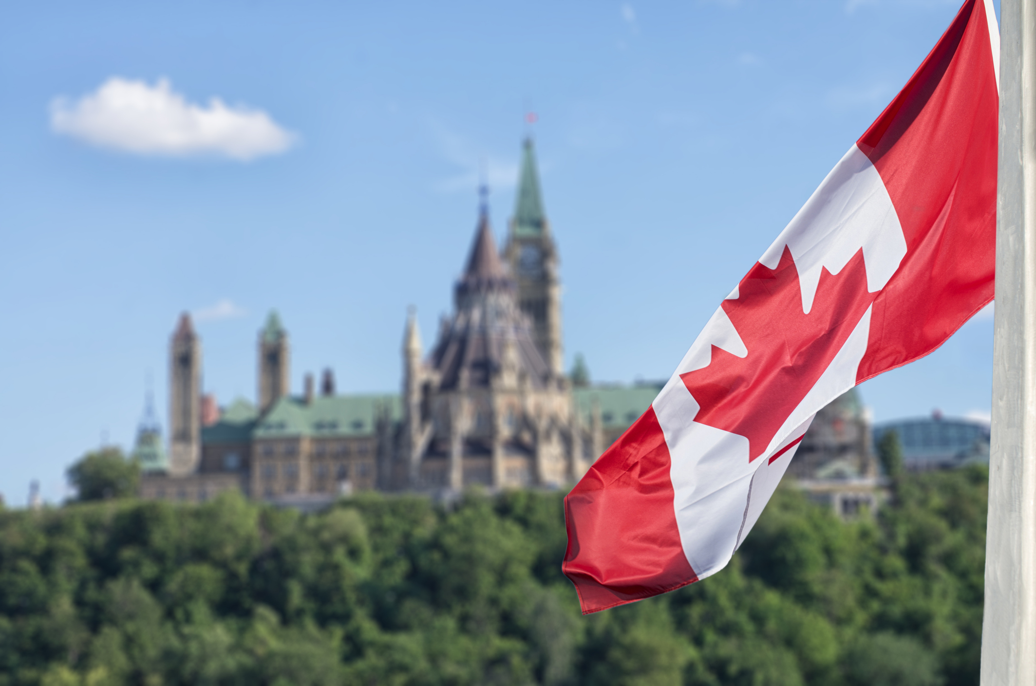 Drapeau canadien avec la colline du Parlement au loin