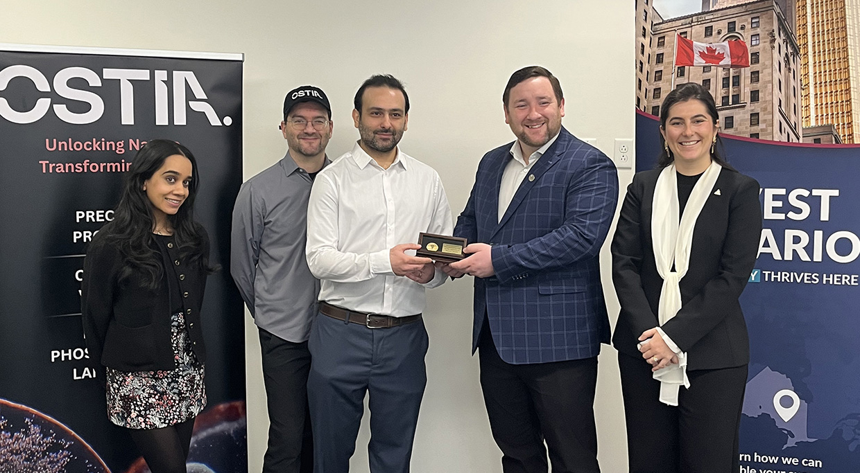 Photo from Ostia’s announcement featuring Arveen Mann of Invest Ontario; Dr. Michael Glogauer, CSO and Co-Founder of Ostia Sciences; Abdelahhad Barbour, CEO and Co-Founder of Ostia Sciences; Tyler Allsopp, Parliamentary Assistant to Minister Vic Fideli; and Marine Lochon of Invest Ontario.