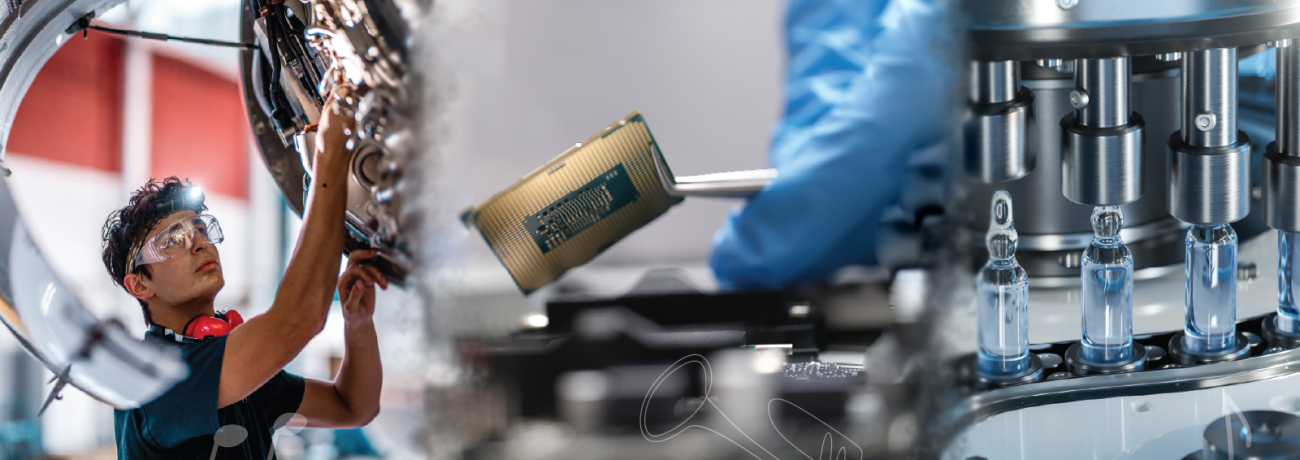 Images with a Person manufacturing an engine, a close up of a semiconductor chip and close-up of Medical Ampoule Production
