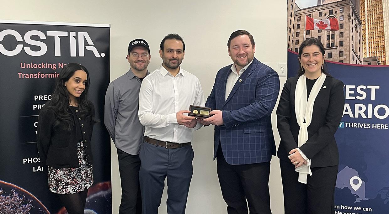 Photo from Ostia’s announcement featuring Arveen Mann of Invest Ontario; Dr. Michael Glogauer, CSO and Co-Founder of Ostia Sciences; Abdelahhad Barbour, CEO and Co-Founder of Ostia Sciences; Tyler Allsopp, Parliamentary Assistant to Minister Vic Fideli; and Marine Lochon of Invest Ontario.