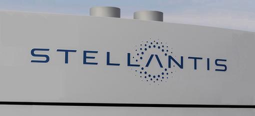 Stellantis logo on the side of a factory