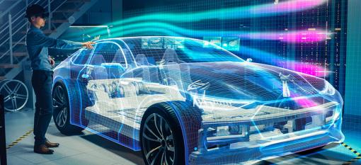 An automotive professional interacting with a futuristic car via a virtual relatity lense
